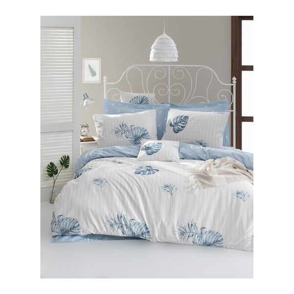 Divvietīgas gultas pārklājs ar gultas veļu no ranforce kokvilnas Mijolnir Terezie Blue, 160 x 220 cm