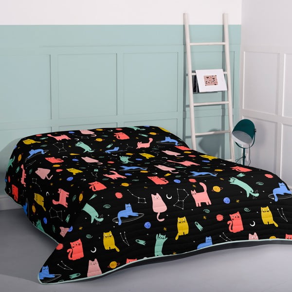 Melns stepēts gultas pārklājs 240x260 cm Cosmic cats – Aware