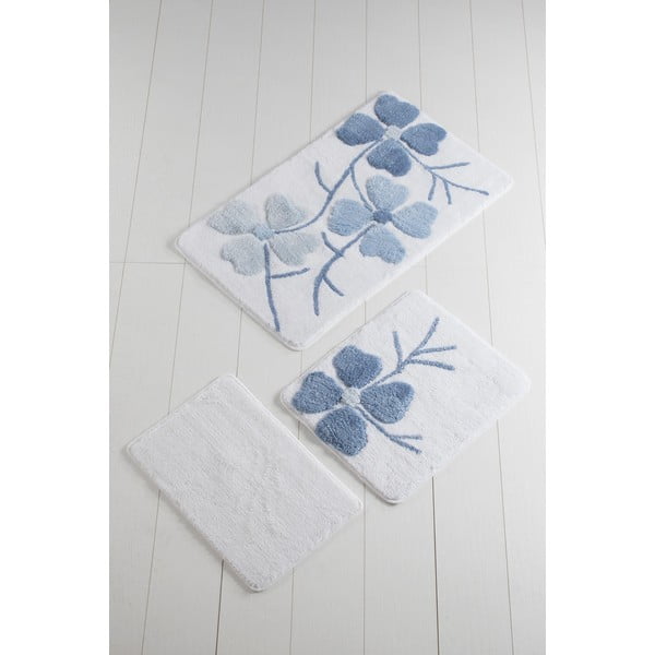 3 zilu un baltu vannas istabas paklājiņu komplekts Flowers