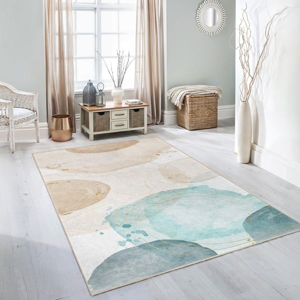 Krēmkrāsas/tirkīzzils mazgājams paklājs 160x230 cm Puddle – Mila Home-image-1