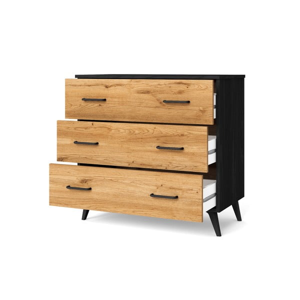 Melna/dabīga toņa zema kumode ar ozolkoka imitāciju 80x72 cm Indus – Marckeric-image-2