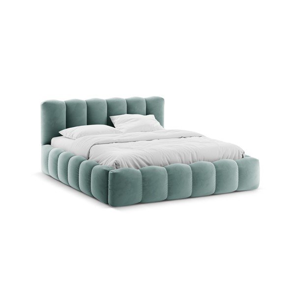 Piparmētru zaļa polsterēta divvietīga gulta ar veļas kasti ar redelēm 140x200 cm Lupine – Micadoni 
