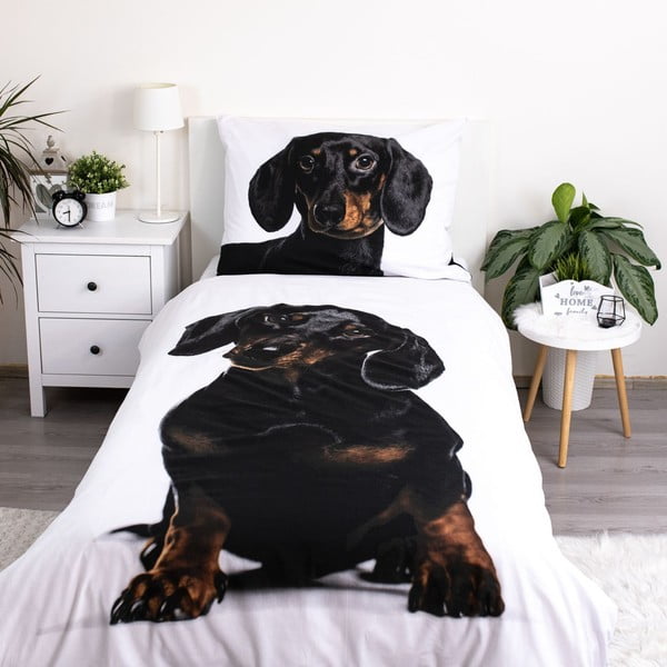 Melnbalta vienguļamā kokvilnas bērnu gultas veļa 140x200 cm Dachshund – Jerry Fabrics-image-1