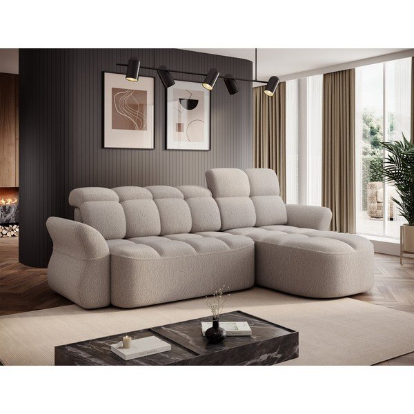 Bēšs salokāms/ar uzglabāšanas vietu stūra dīvāns no buklē auduma (ar labo stūri/ar zvilni) Beneth – ELTAP-image-1