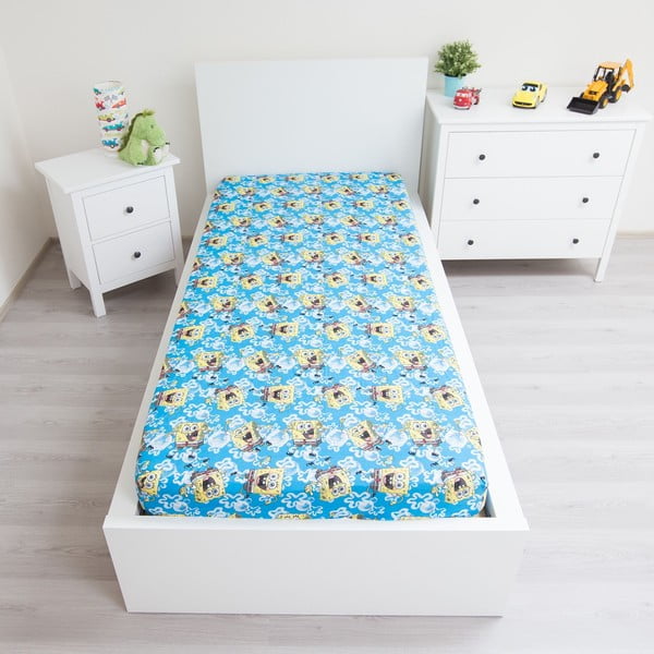 Zils kokvilnas bērnu palags ar gumiju 90x200 cm Sponge Bob "Blue" – Jerry Fabrics-image-1
