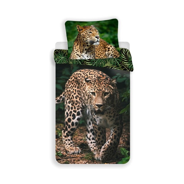 Vienguļamā kokvilnas bērnu gultas veļa 140x200 cm Leopard "Green" – Jerry Fabrics