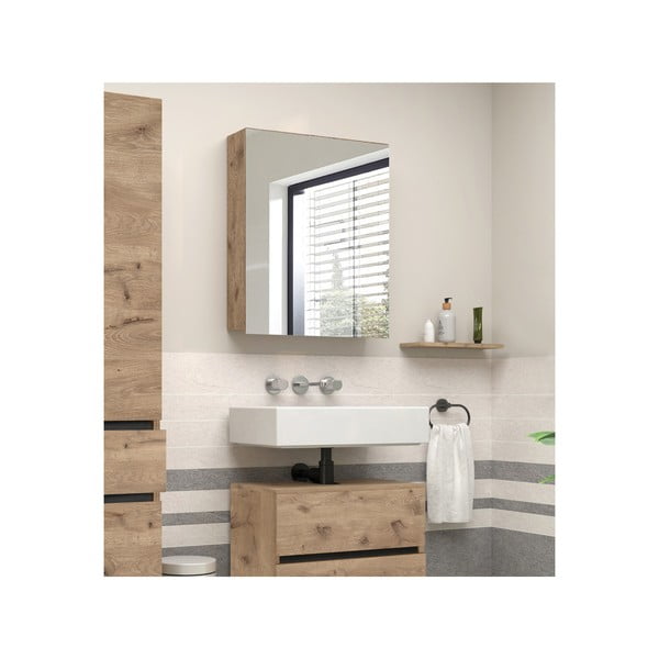 Dabīga toņa piekarams vannas istabas skapis ar spoguli un ozolkoka imitāciju 60x70 cm Wisla – Støraa-image-4