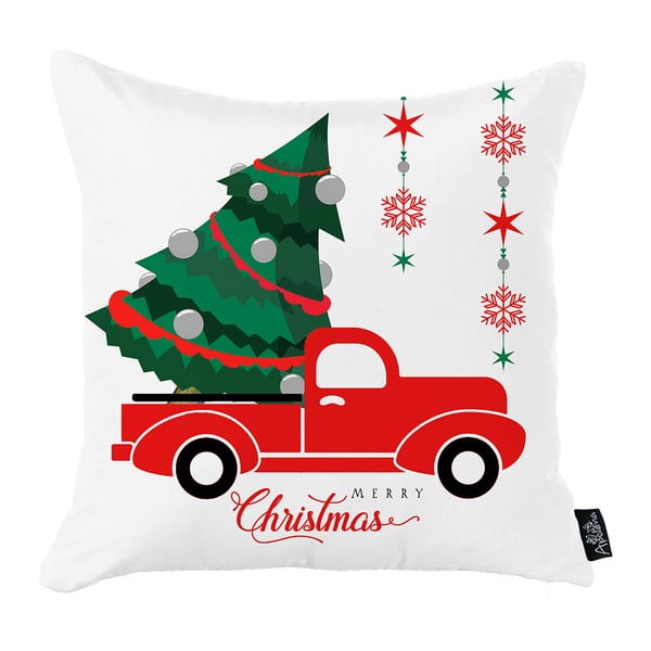 Balta Ziemassvētku spilvendrāna Mike & Co. NEW YORK Medus Ziemassvētku automašīna un eglīte, 45 x 45 cm
