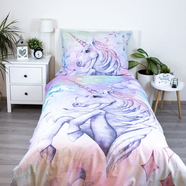 Vienguļamā kokvilnas bērnu gultas veļa 140x200 cm Unicorn "Pastel Rainbow"  – Jerry Fabrics-image-1