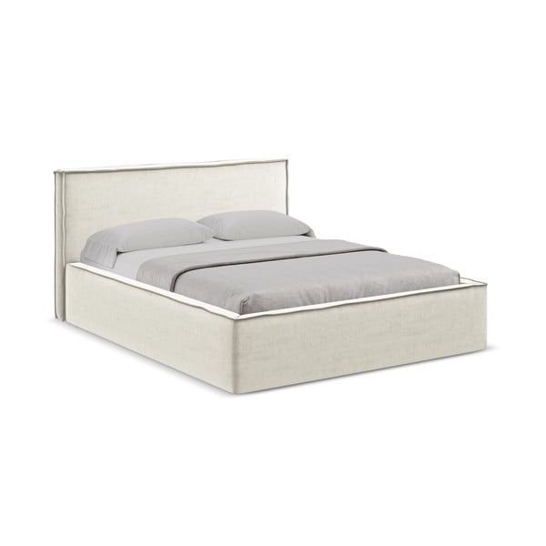 Krēmkrāsas polsterēta divvietīga gulta ar veļas kasti un redelēm 160x200 cm Anani – Makamii-image-1