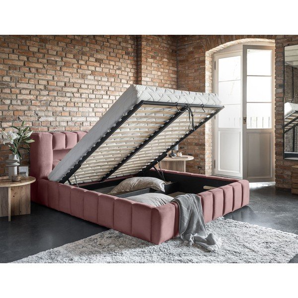 Rozā polsterēta divvietīga gulta ar veļas kasti un ar redelēm 160x200 cm Lamica – ELTAP-image-4