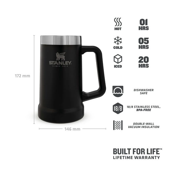 Melna nerūsējošā tērauda termokrūze 700 ml The Big Grip Beer Stein Black – Stanley-image-4