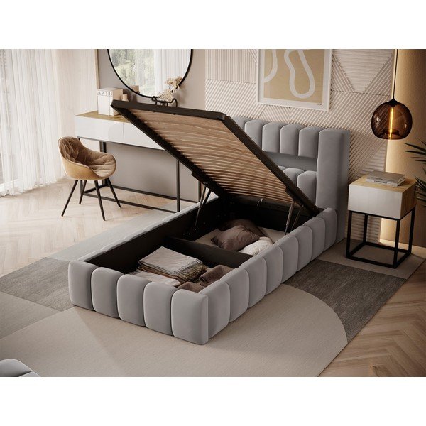 Pelēka polsterēta vienvietīga gulta ar veļas kasti un ar redelēm 90x200 cm Lamica – ELTAP-image-2