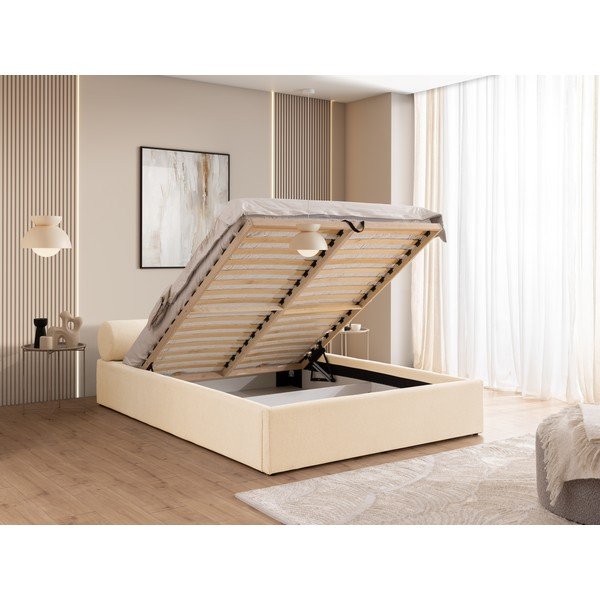 Krēmkrāsas polsterēta divvietīga gulta ar veļas kasti ar redelēm 200x200 cm Cille – Ropez-image-4