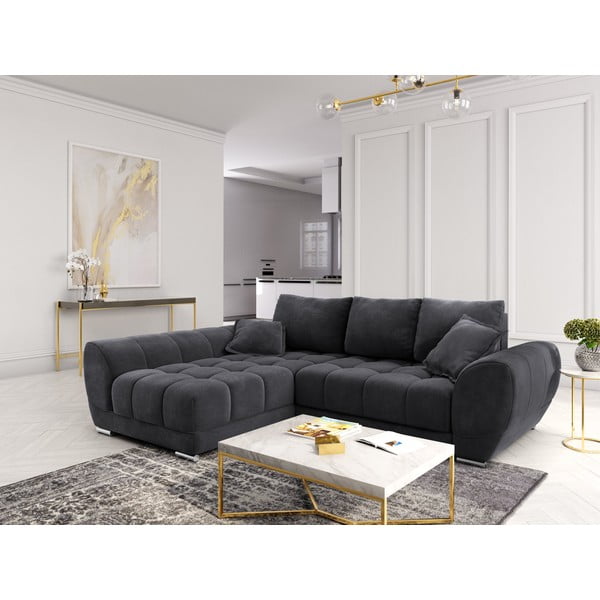 Tumši pelēks samta izvelkamais stūra dīvāns ar veļas kasti Windsor & Co Sofas Nuage, kreisais stūris-image-1