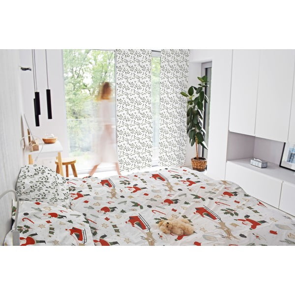 Balts/zaļš aizkars no kokvilnas satīna 110x250 cm Santa Likes Mistletoe – Butter Kings-image-1