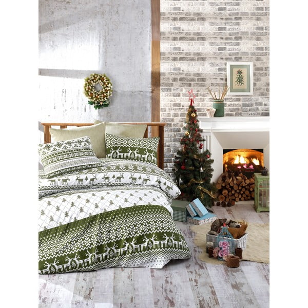 Gultas veļa ar gultas pārklāju vienguļamai gultai no ranforce kokvilnas Nazenin Home Winter Green, 140 x 200 cm