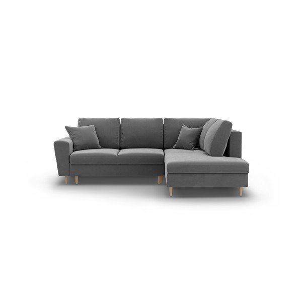 Gaiši pelēks samta salokāms stūra dīvāns ar uzglabāšanas vietu (ar labo stūri/L veida) Kyoto – Cosmopolitan Design