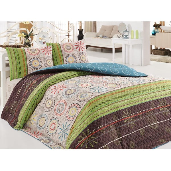 Stepēts gultas pārklājs un 2 spilvendrānu komplekts Eponj Home Aries Green, 200 x 220 cm