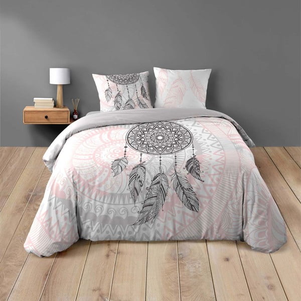Balta/rozā divguļamā kokvilnas gultas veļa 200x200 cm Namaste – douceur d'intérieur