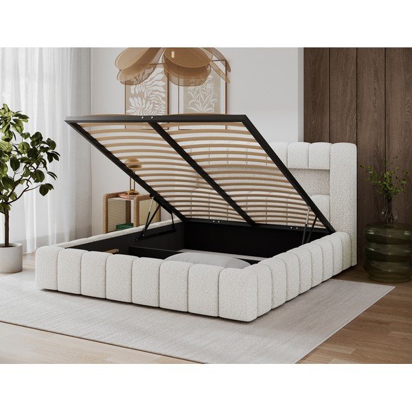 Krēmkrāsas polsterēta divvietīga gulta ar veļas kasti ar redelēm 140x200 cm Lamica – ELTAP-image-4