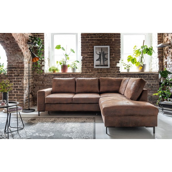 Brūns salokāms stūra dīvāns no ādas imitācijas (ar labo stūri) Lofty Lilly – Miuform-image-1