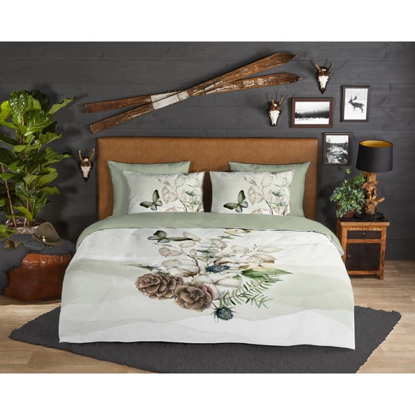 Zaļa/krēmkrāsas vienguļamā flaneļa gultas veļa 140x220 cm Marjan – Good Morning-image-1