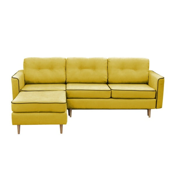 Sinepju dzeltens trīsvietīgs izlaižams stūra dīvāns ar gaišām kājām Mazzini Sofas Ladybird, kreisais stūris