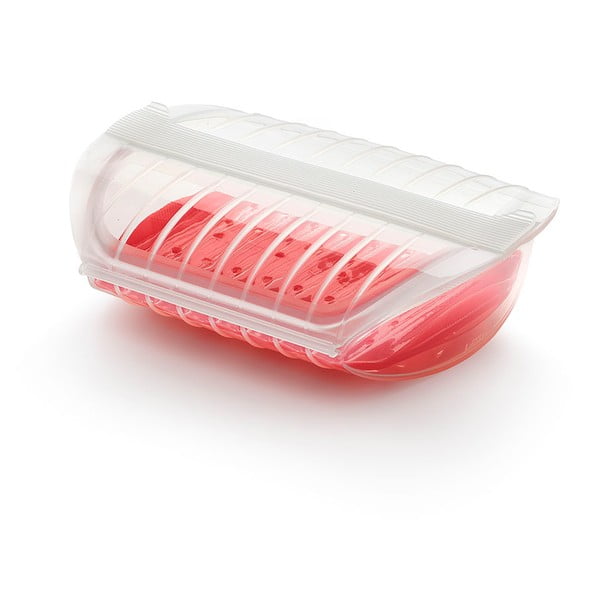 Transparetiska silikona trauks ar sarkanu gatavošanas paplāti ar tvaicēšanas paplāti 3 - 4 porcijām Lékué Tvaika trauks