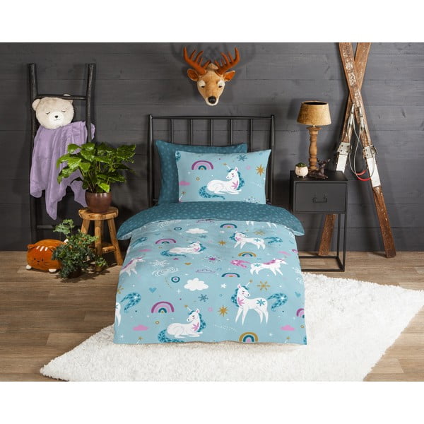 Zila vienguļamā flaneļa bērnu gultas veļa 140x220 cm Snowycorn – Good Morning-image-1