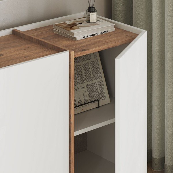 Balta kumode ar priedes koka imitāciju ar caurumu vadiem 180x80x45 cm Dorma – Kalune Design-image-4