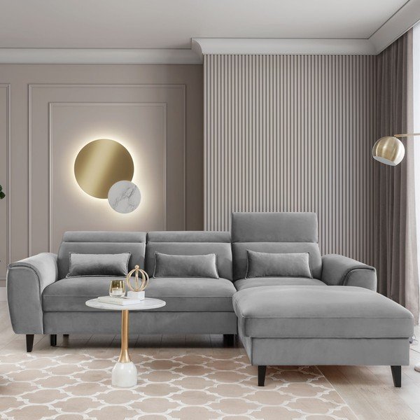 Pelēks samta salokāms/ar uzglabāšanas vietu stūra dīvāns (ar labo stūri/ar zvilni) Foble – ELTAP-image-1