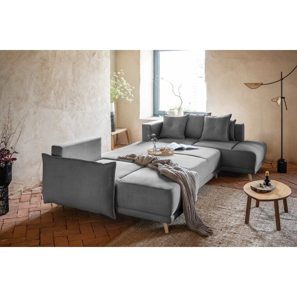 Pelēks velveta salokāms stūra dīvāns (ar labo stūri/U veida) Lazy Lukka – Miuform-image-4