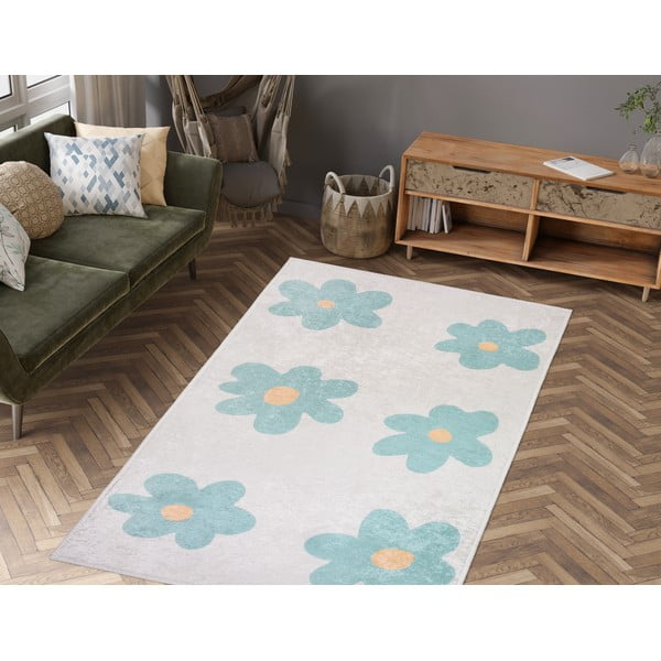 Piparmētru zaļš/ziloņkaula krāsas mazgājams bērnu paklājs 60x100 cm Cute Flowers Green – Vitaus-image-1