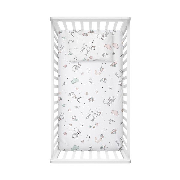 Balts bērnu palaga un spilvendrānas komplekts no ranforce kokvilnas ar gumiju 70x120 cm Flowers – Mijolnir