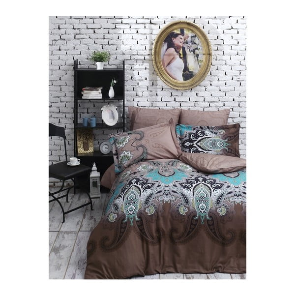 Kokvilnas satīna gultasveļa ar palagu divguļamai gultai Jessica Brown, 200 x 220 cm