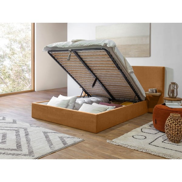 Okera dzeltena polsterēta divvietīga gulta ar veļas kasti ar redelēm 160x200 cm Blandine – Bobochic Paris-image-3