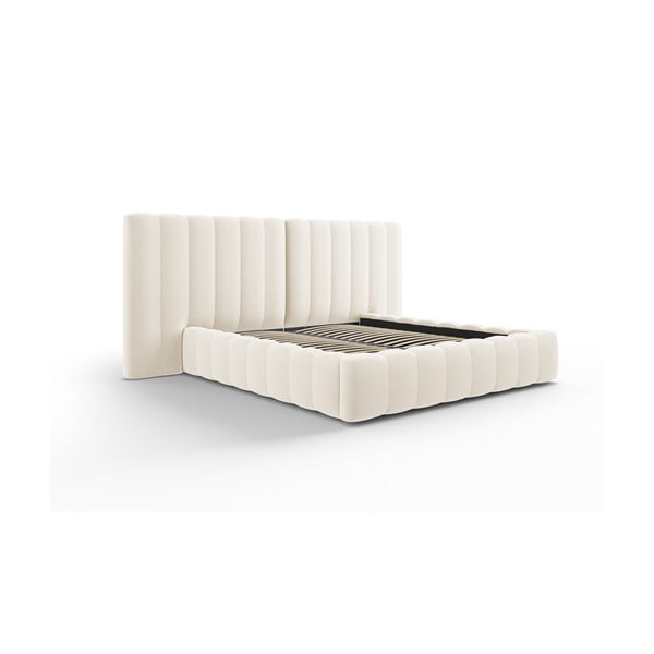 Bēša polsterēta divvietīga gulta ar veļas kasti un režģi 160x200 cm Gina – Milo Casa