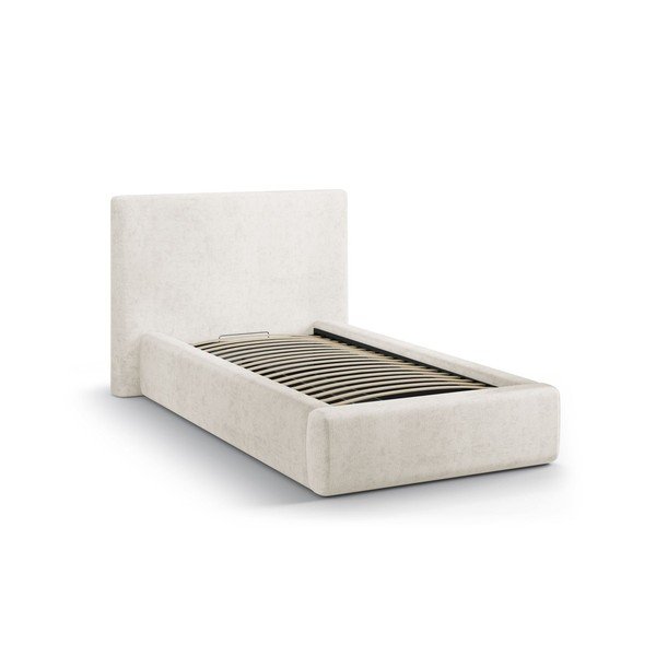 Krēmkrāsas polsterēta vienvietīga gulta ar veļas kasti un redelēm 90x200 cm Amy – Micadoni -image-2