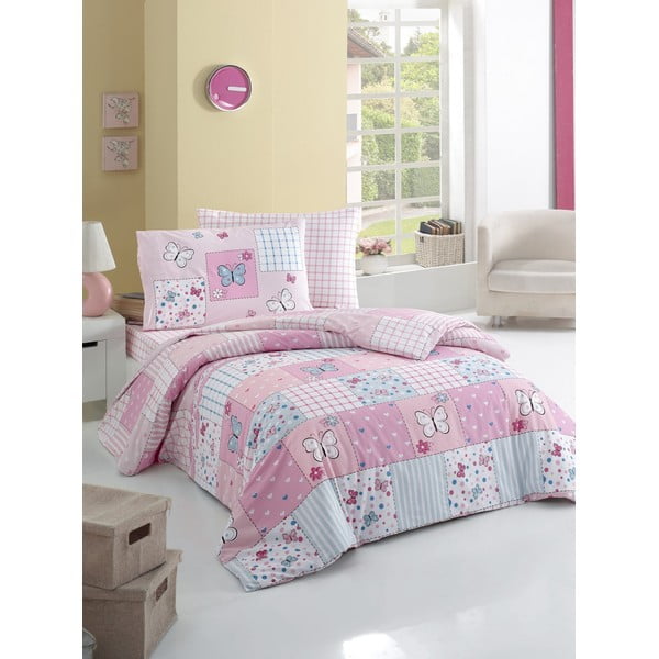 Rozā gultas veļa ar gultas pārklāju vienvietīgai gultai Butterfly, 160 x 220 cm