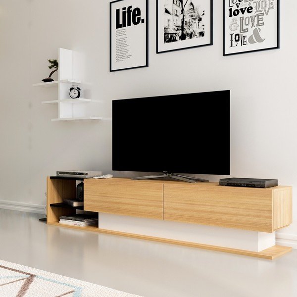 Balts/dabīga toņa TV plauktu komplekts no eksotiska koka imitācijas 180x40 cm Liza – Kalune Design-image-1