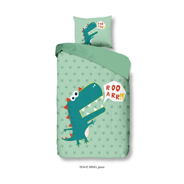 Bērnu kokvilnas gultasveļa Good Morning Green Dino, 140 x 200 cm