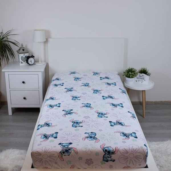 Balts vienguļamais kokvilnas bērnu palags ar gumiju 90x200 cm Lilo and Stitch "Ohana White"  – Jerry Fabrics-image-1