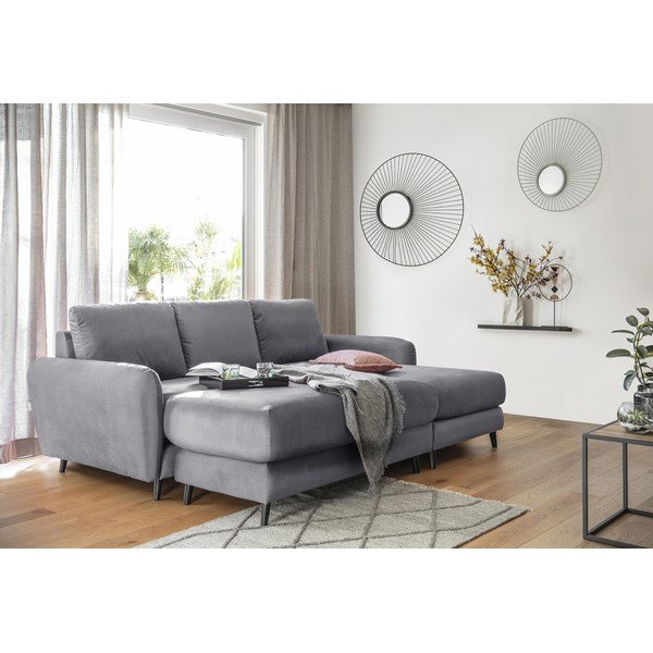Gaiši pelēks samta stūra dīvāns ar kāju soliņu Miuform Cozy Claire, labais stūris-image-1