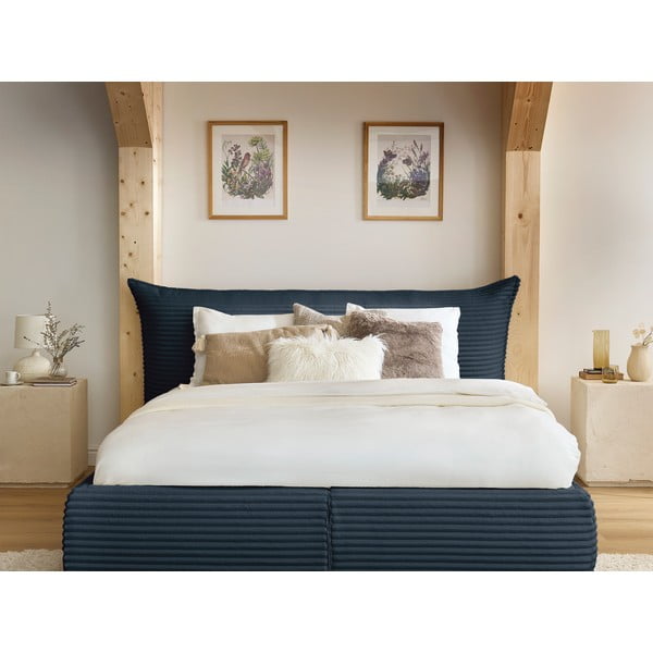 Tumši zila polsterēta divvietīga gulta ar veļas kasti un redelēm 160x200 cm Jade – Bobochic Paris-image-1