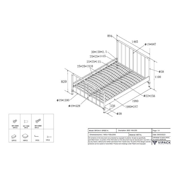 Zaļa metāla vienvietīga gulta ar redelēm 140x200 cm BRONXX – Vipack-image-4