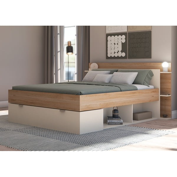 Balta/dabīga toņa divvietīga gulta ar ozolkoka imitāciju un veļas kasti bez režģa 140x190 cm Albo – Marckeric-image-2