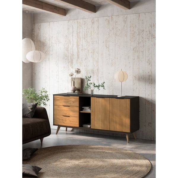 Melna/dabīga toņa zema priedes kumode 165x80 cm Lavis – Marckeric-image-1