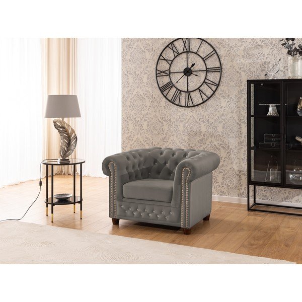 Pelēks samta Chesterfield atpūtas krēsls York Blik – Ropez-image-1