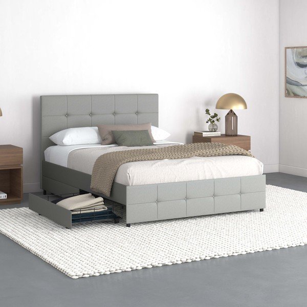 Pelēka polsterēta divvietīga gulta ar veļas kasti 140x200 cm Rose – Støraa-image-2